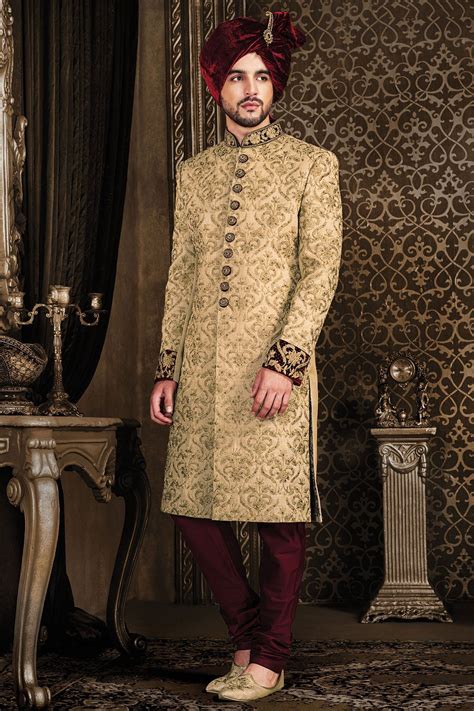 Beige Raw Silk Zari Embroidered Wedding Sherwani Sh221 Wedding