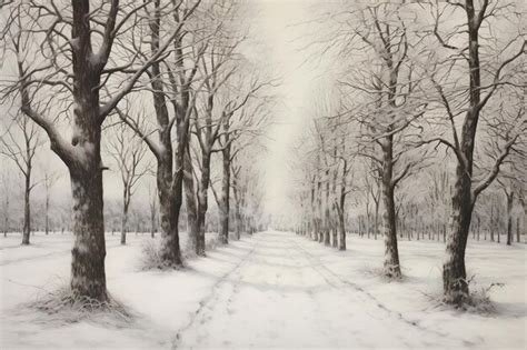 Premium Photo | A Painting of an Avenue of Trees with Snowfall in the ...