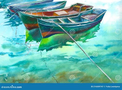 Watercolor Painted Boats Reflecting in Water Stock Image - Image of modern, nautical: 216509747