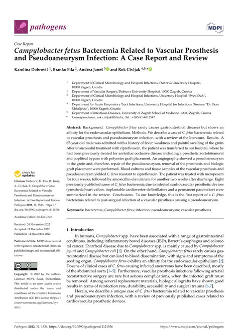 Pdf Campylobacter Fetus Bacteremia Related To Vascular Prosthesis And Pseudoaneurysm Infection