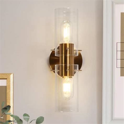 LNC Modern 13 4 In 2 Light Plated Brass Wall Sconce With Cylinder