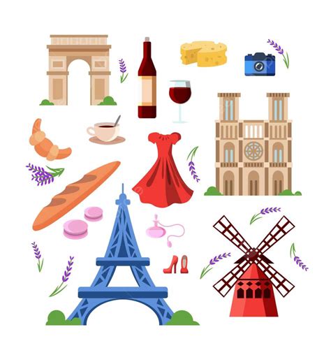 Set Of Colorful France Landmarks And Travel Symbols Symbol Notre