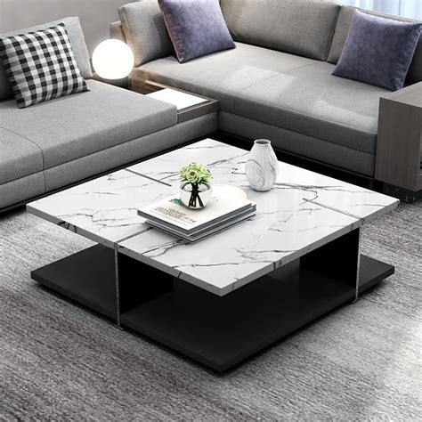 White Square Coffee Table Faux Marble Accent Table With Storage Stainless Steel Coffee Table