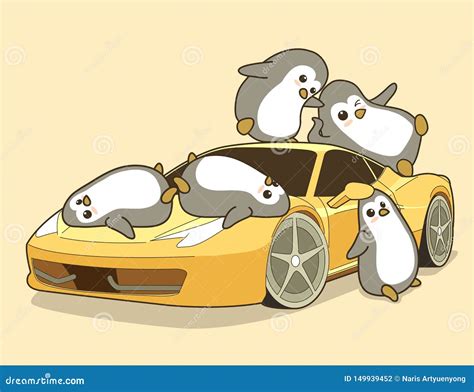 Kawaii Penguins And Yellow Sport Car Stock Vector Illustration Of