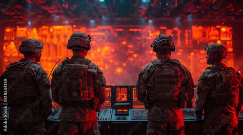 Elite Soldiers In Tactical Gear Monitoring Digital War Room Display