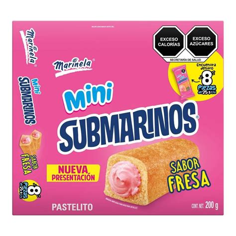 Caja De Mini Submarinos Marinela Sabor Fresa Con 8 Pzas De 25 G Cu