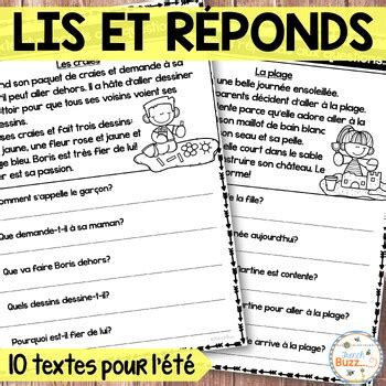 French Reading Comprehension Summer Compr Hension De Lecture Simple T