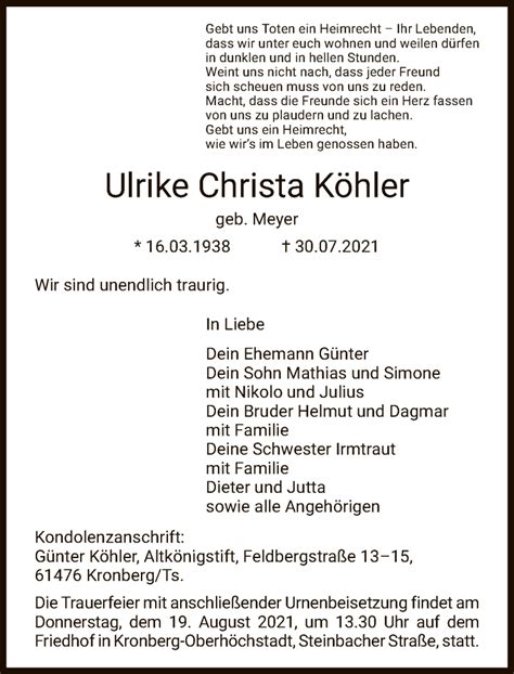 Traueranzeigen Von Ulrike Christa K Hler Trauer Rheinmain De