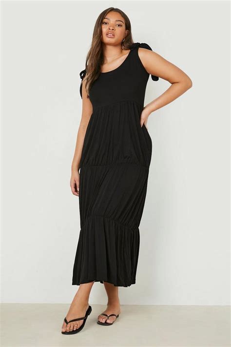 Womens Plus Tie Shoulder Tiered Maxi Dress Boohoo Uk