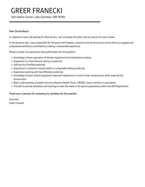 Food Service Cover Letter Velvet Jobs