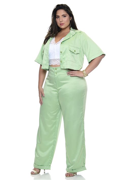 Conjunto Plus Size Camisa Cropped E Cal A Pantalona Vk Moda Plus Size