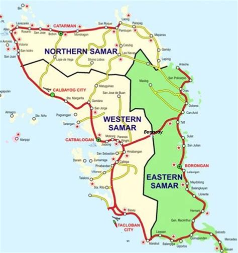 a map of western samar with roads and major cities in the country's borders