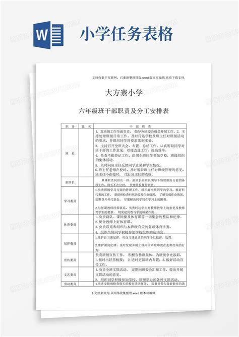 小学班干部职责及分工安排表word模板下载编号lyxbyxpr熊猫办公