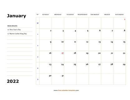 Printable Monthly 2022 Calendar (box and lines for notes) | Free ...