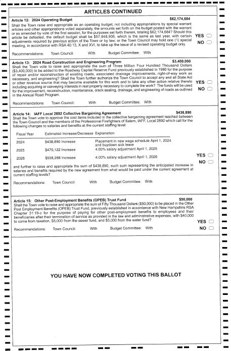 March 2024 Town Meeting Election Sample Ballot Salem Town Hall Times