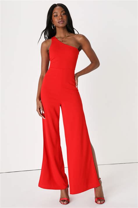 Red Wide Leg Jumpsuit Backless Jumpsuit One Shoulder Jumpsuit Lulus