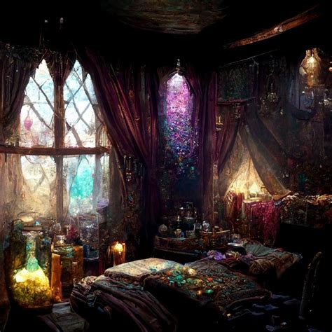 Elven Alchemist S Bedroom Covered In Potions Gems Lace Curtains