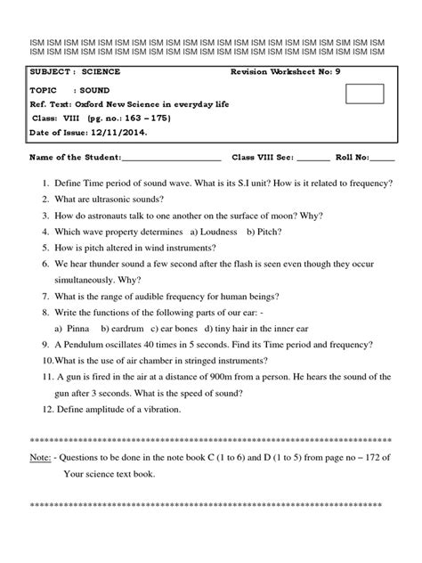 Class Viii Science Worksheet Sound Pdf Sound Frequency