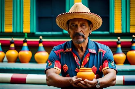 Premium Ai Image A Man Wearing A Straw Hat Sits With A Pot On His Head