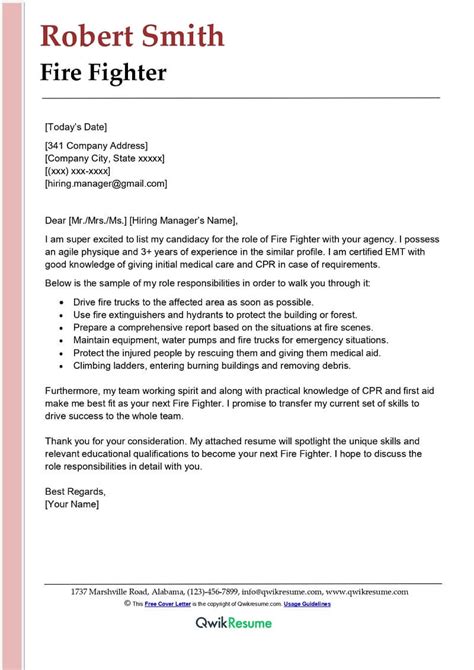 Fire Fighter Cover Letter Examples Qwikresume