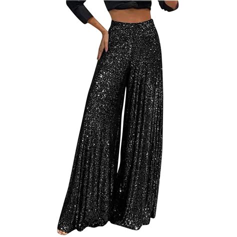 Akklian Womens Sequin Pants High Waisted Wide Leg Trousers Cocktail