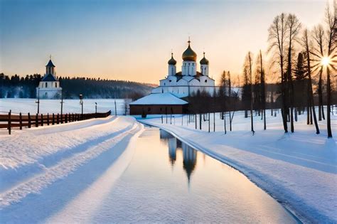 Premium AI Image | a church in a snowy landscape with a lake and snow ...