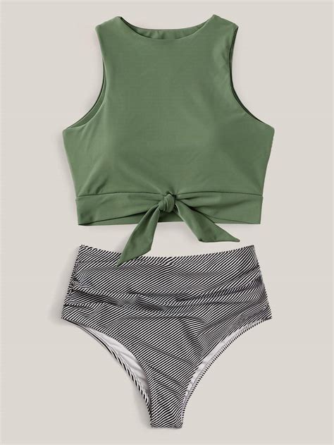 Knot Top Green Tankini Swimsuit With Ruched Bikini Bottom High Bikini