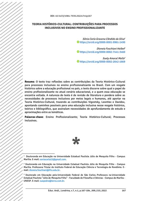 Pdf Teoria Histórico Cultural Contribuições Para Processos