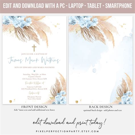 Editable Pampas Grass Baptism Invitation Bohemian Boy Baptism Etsy Uk