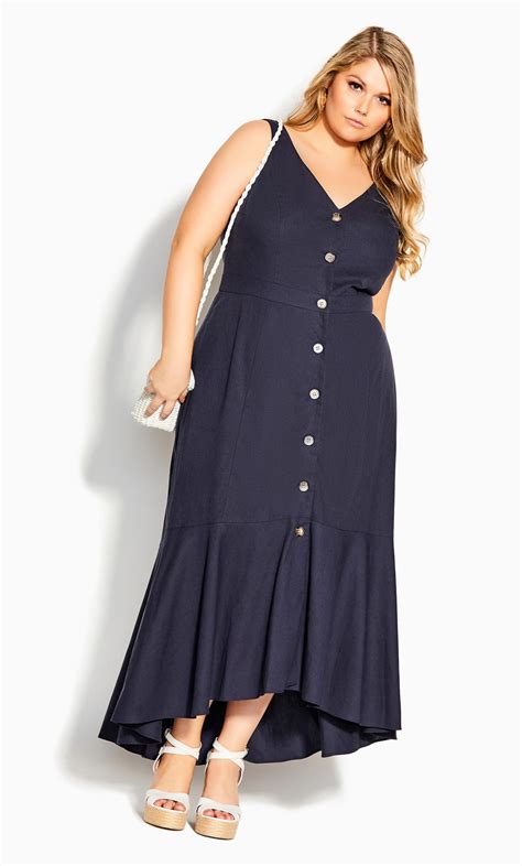 City Chic Navy Blue Frill Hem Button Maxi Dress Evans