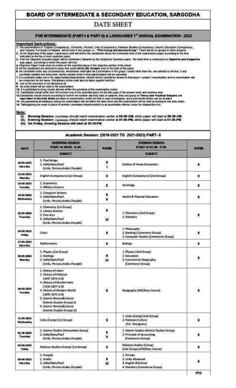 Bise Sargodha Date Sheet Fa Fsc Part Annual Exam