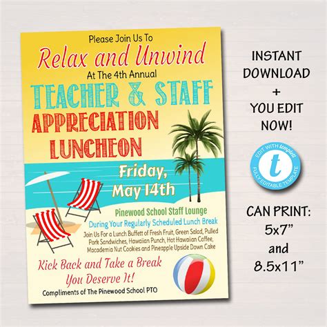 Editable Teacher Appreciation Staff Invitation Beach Hawaiian Luau Th Tidylady Printables