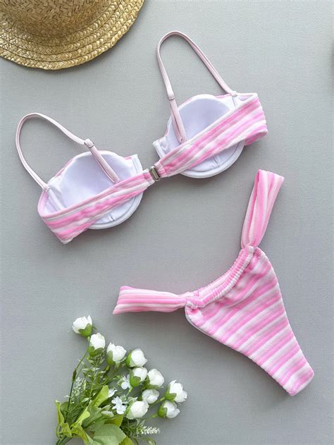 New Terry Striped Underwire Cup Thong Bottom Bikini Womens Two Pieces Sexy Swimsuits Lead