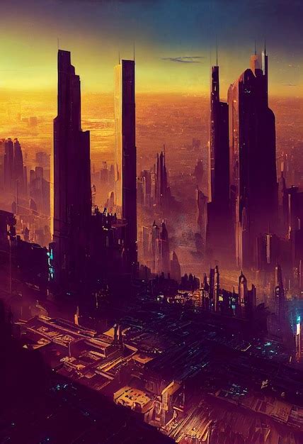 Espectacular Noche En La Ciudad Cyberpunk Del Mundo De Fantasía Futurista Arte Digital