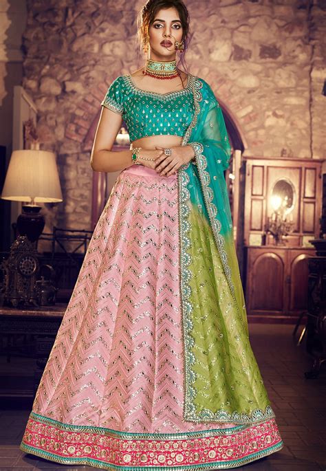 Multi Color Silk Embroidered Lehenga Choli