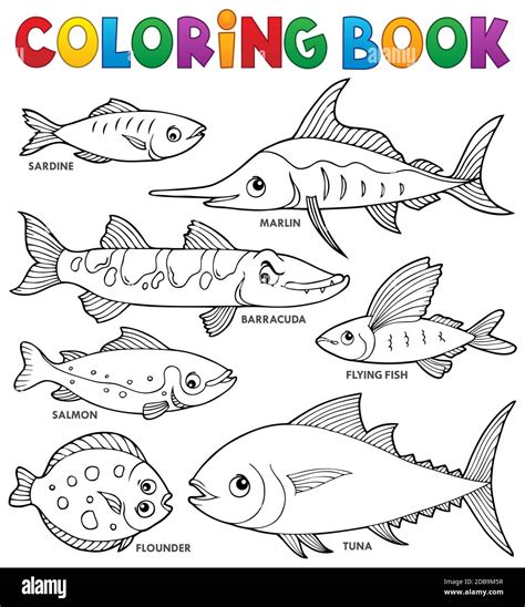 Coloring Book Various Fishes Theme Set 1 Picture Illustration Stock