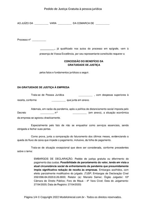 Modelo Pedido de Justiça Gratuita à pessoa jurídica