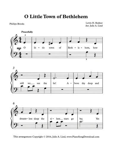 O Little Town of Bethlehem: free easy Christmas piano sheet music with lyrics