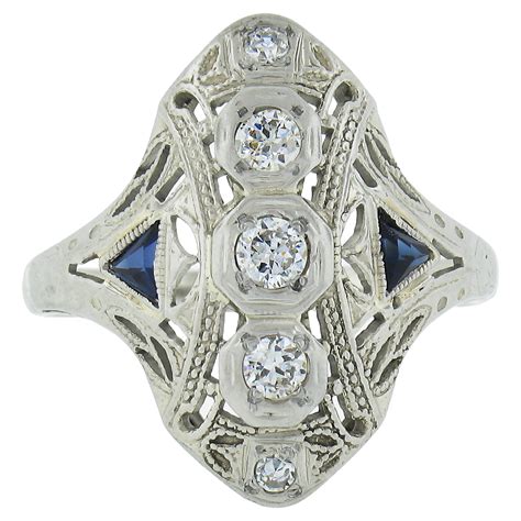 Antique Art Deco 18K White Gold 0 20ctw Diamond And Sapphire Filigree