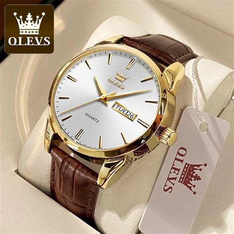 Olevs Classic Quartz Watch For Men Waterproof Leather Strap Calendar