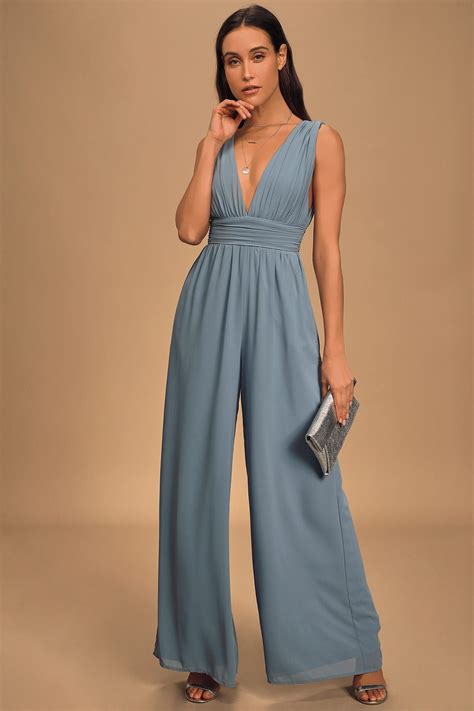 Divine Muse Slate Blue Wide Leg Jumpsuit Wide Leg Jumpsuit