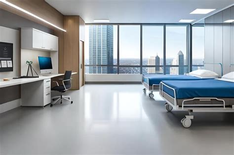 Premium AI Image | A hospital room with a view of a city.