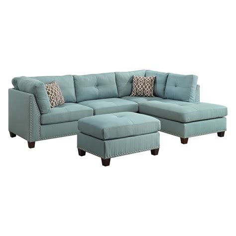 Acme Laurissa Sectional Sofa With Pillows And Ottoman In Light Teal