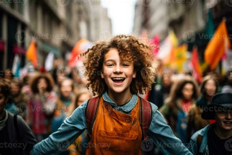 young environmentalist leading  spirited chant   sea  colorful banners  concerned