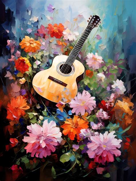 Guitar Among The Flowers Oil Painting In Impressionism Style Stock