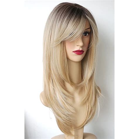 Long Layered Shoulder Length Brown With Camel Color Highlight Wig Synthetic Hair Fiber Highlight