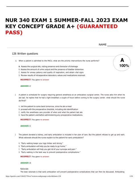 Nur Exam Summer Fall Exam Key Concept Grade A Guaranteed