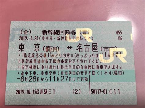 新幹線回数券 東京都区内⇔ 名古屋市内 乗車券 指定席特急券 1枚