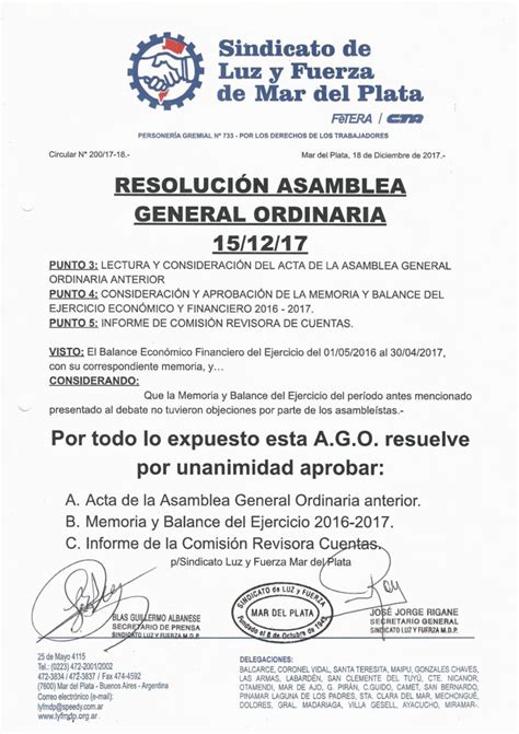 Resoluci N Asamblea General Ordinaria Del Luz Y Fuerza Mar