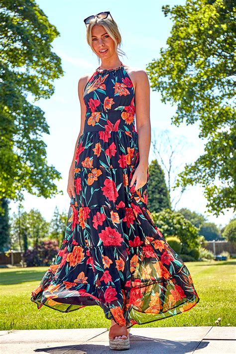 Floral Print Halterneck Maxi Dress In Black Roman Originals Uk